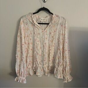Hiatus 2X White Pink Floral Boho Cream Long Sleeve Embroidered Blouse